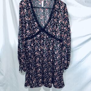 Xhilaration Floral Long Sleeve Deep V Dress XL